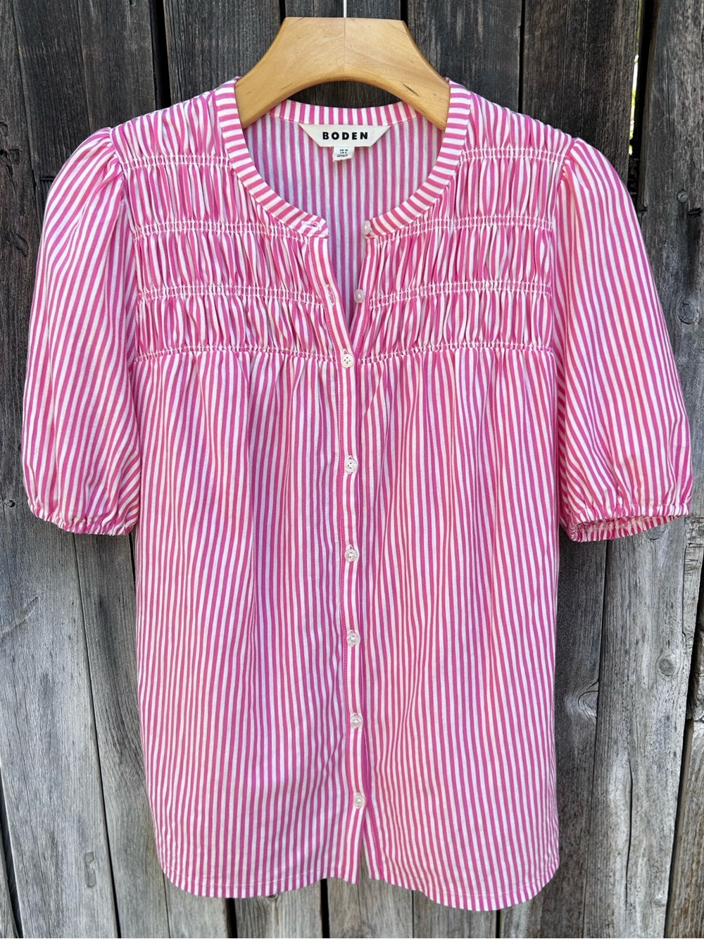 Boden Mya Short Sleeve Smocked Shirt Cotton Tencel Pink Punch Ivory Stripe 6 - Picture 16 of 16